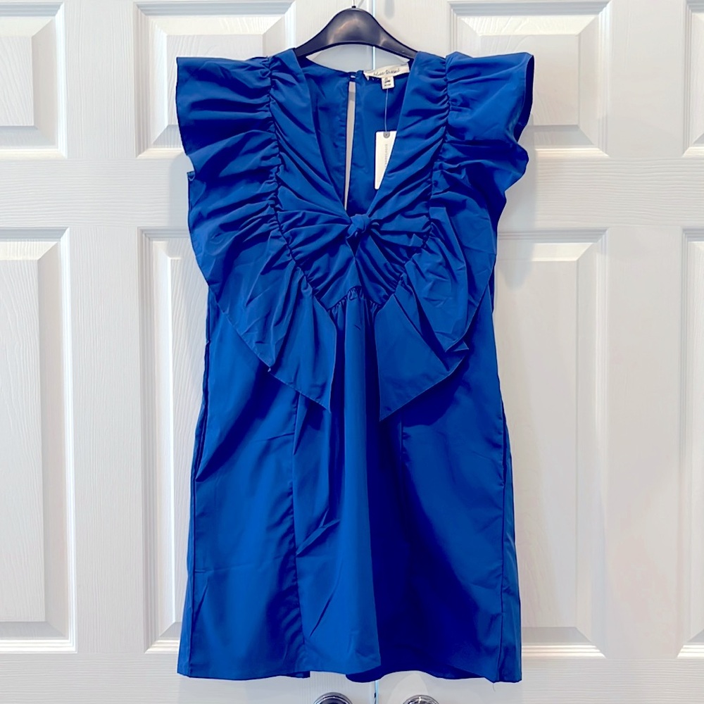 Blue tassel, ruffled waistless mini dress